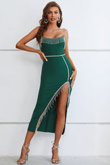 Sefa Strapless Fringe Long Slit Bandage Dress