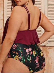 Women Plus Size Solid Color U Neck Two Piece Swimsuit