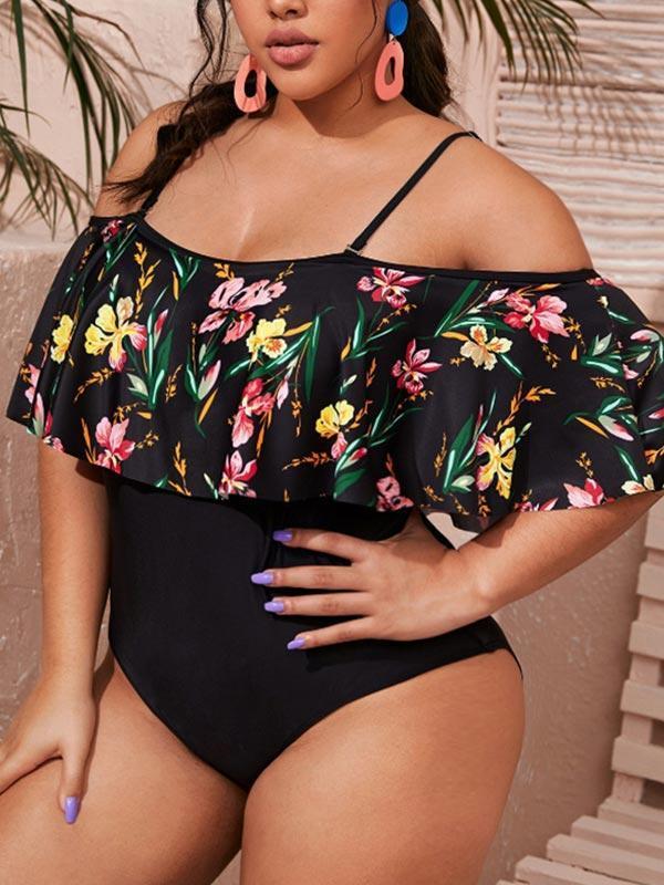 Women Plus Size Print Off Shoulder One Piece Swimsuit