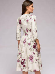 Printing O-Neck Seven-Tenths Sleeves A-Line Skater Dresses