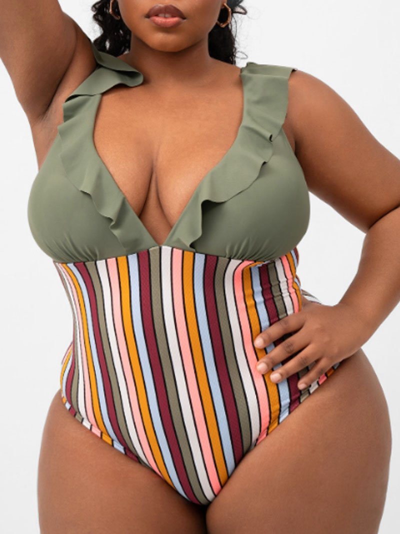 Women Plus Size Stripe Casual One Piece Swimsuit