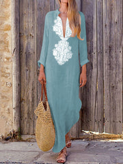 Plus Size Cotton Linen Long Sleeve Solid Loose V Neck Boho Long Dress Casual Dress Maxi Dress For Woman