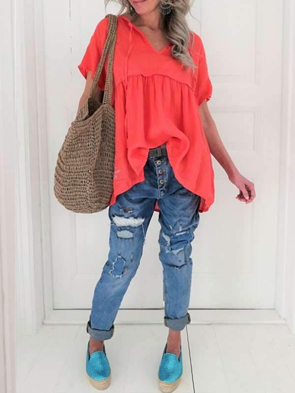 Plus Size Women V neck Short Sleeve Plain T-shirt