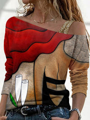 Printed one odd shoulder casual T-shirts