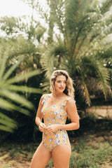 YELLOW FLORAL RUFFLE SLEEVE ONE PIECE