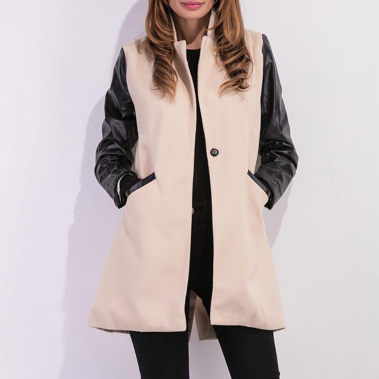 PU Leather Sleeves Woolen Jacket Coat Outwear