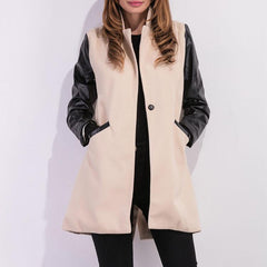 PU Leather Sleeves Woolen Jacket Coat Outwear