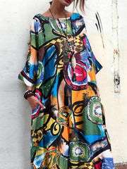 Printed cotton and linen Blend round collar maxi dresses