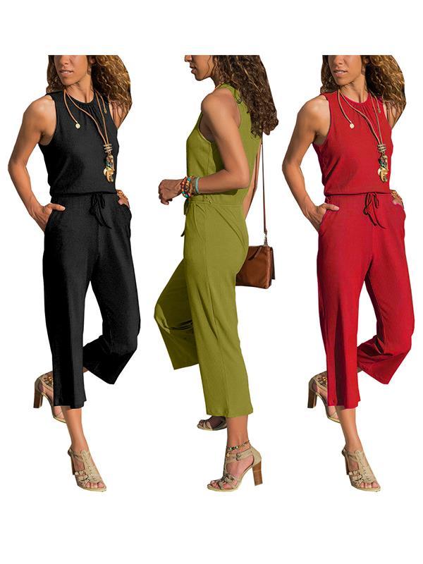 Plain Round neck sleeveless nine-point jumpsuits