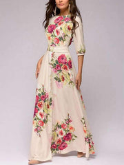 Printing Zipper O-Neck Seven-Tenths Lantern Sleeves Boho Maxi Dresses
