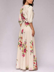 Printing Zipper O-Neck Seven-Tenths Lantern Sleeves Boho Maxi Dresses