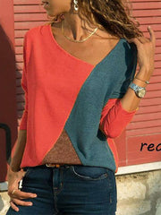 Plus Size Stitching Color Matching Round Collar Long Sleeve Casual T-shirt