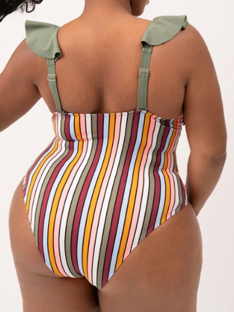 Women Plus Size Stripe Casual One Piece Swimsuit