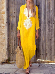 Plus Size Cotton Linen Long Sleeve Solid Loose V Neck Boho Long Dress Casual Dress Maxi Dress For Woman