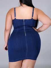 Plus Size Denim Solid Color Halter Mini Dress