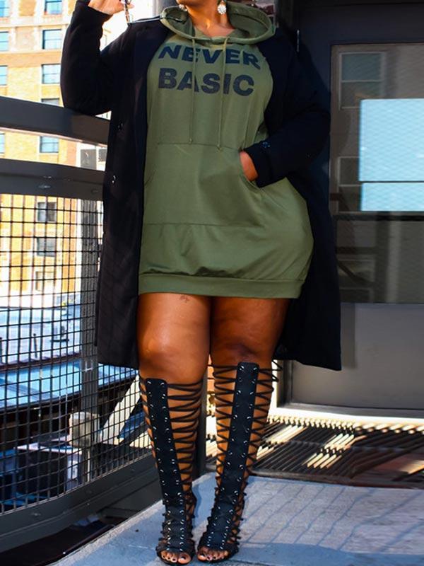 Women Plus Size Letters Print Long Sleeve Hoodies Mini Dress