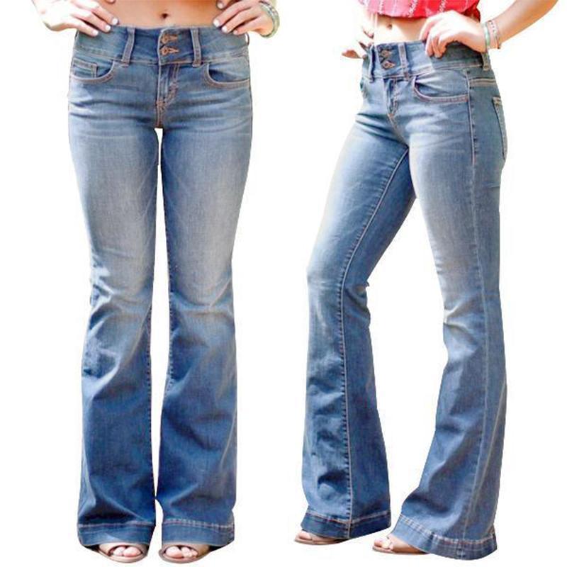 Mid Waist Casual Button Bell-Bottom Jeans