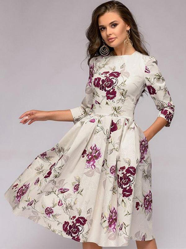Printing O-Neck Seven-Tenths Sleeves A-Line Skater Dresses
