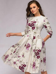 Printing O-Neck Seven-Tenths Sleeves A-Line Skater Dresses