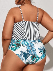 Women Plus Size Stripe Print One Piece Swimsuit