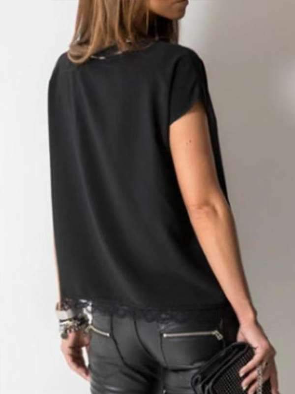 Plain sexy v-neck lace short sleeve T-shirt