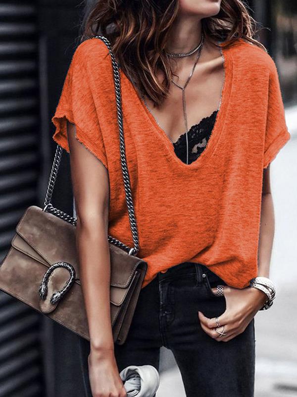 Plus Size V neck Plain Short Sleeve Women Summer T-shirt