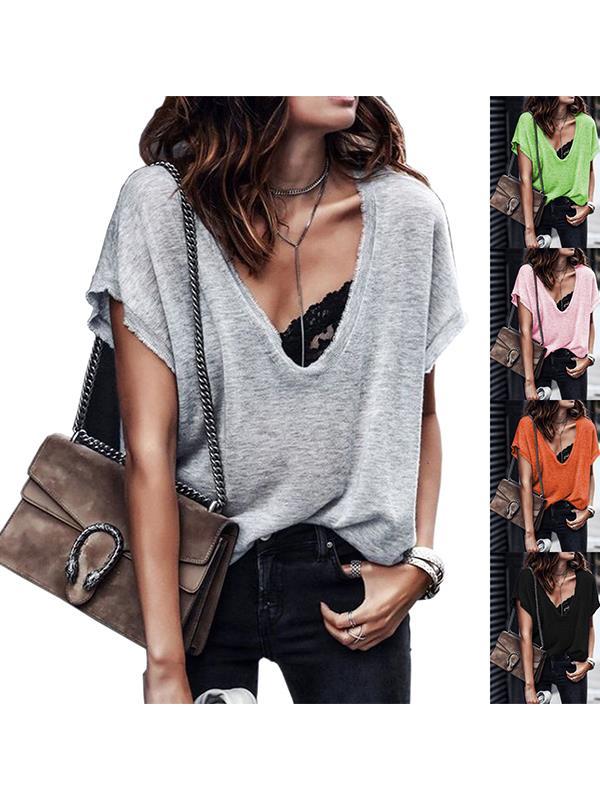 Plus Size V neck Plain Short Sleeve Women Summer T-shirt