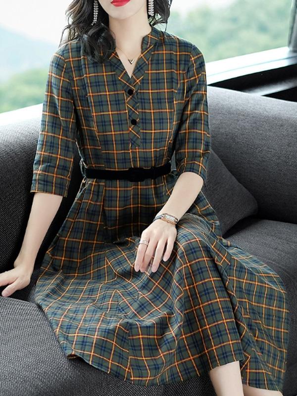 Printing Plaids V-Neck Seven-Tenths Sleeves Maxi Dresses For Woman