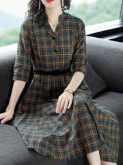 Printing Plaids V-Neck Seven-Tenths Sleeves Maxi Dresses For Woman