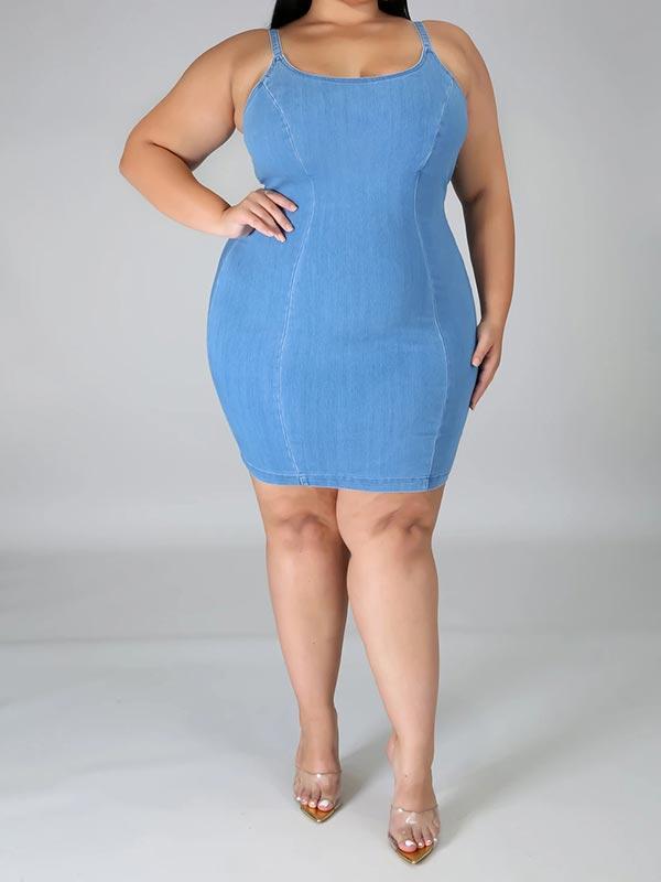 Plus Size Denim Solid Color Halter Mini Dress