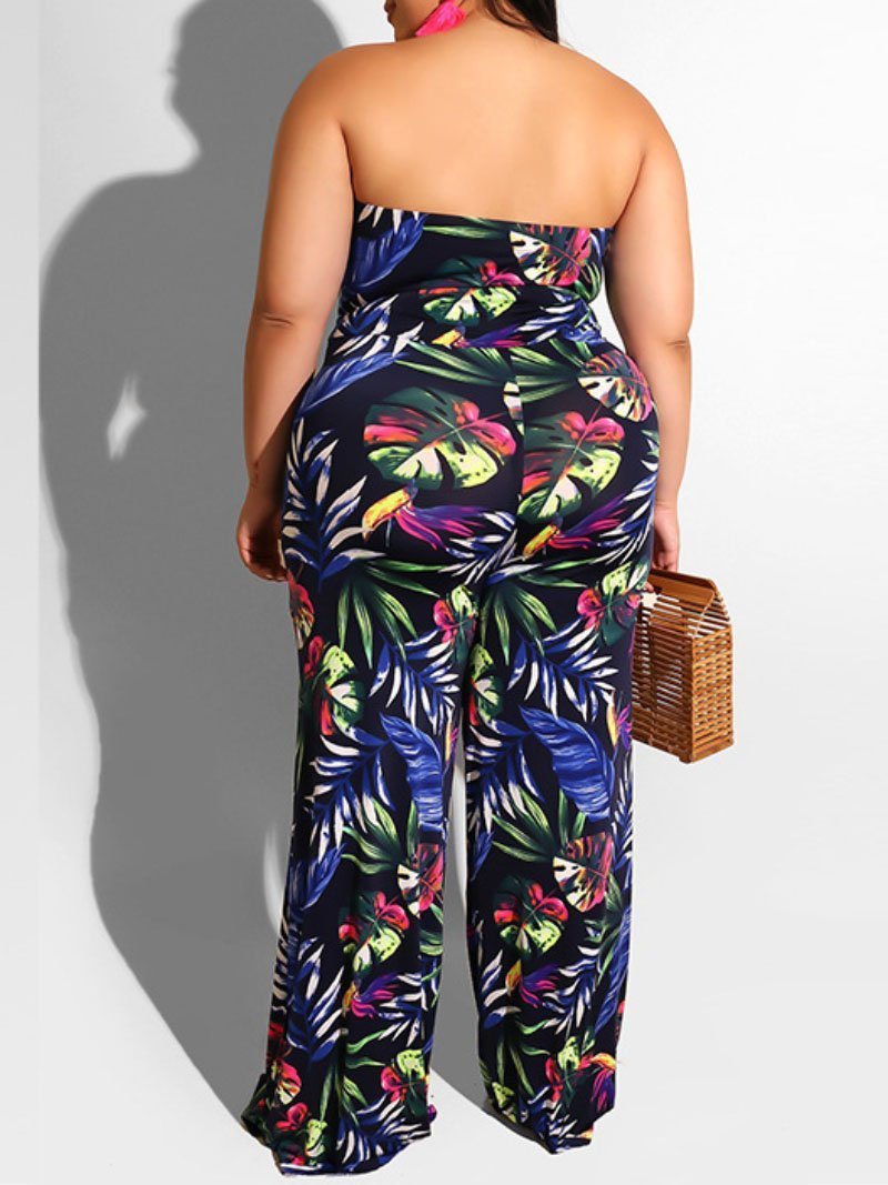 Women Plus Size Leaf Print Off Shoulder Sleeveless Jumpsuits