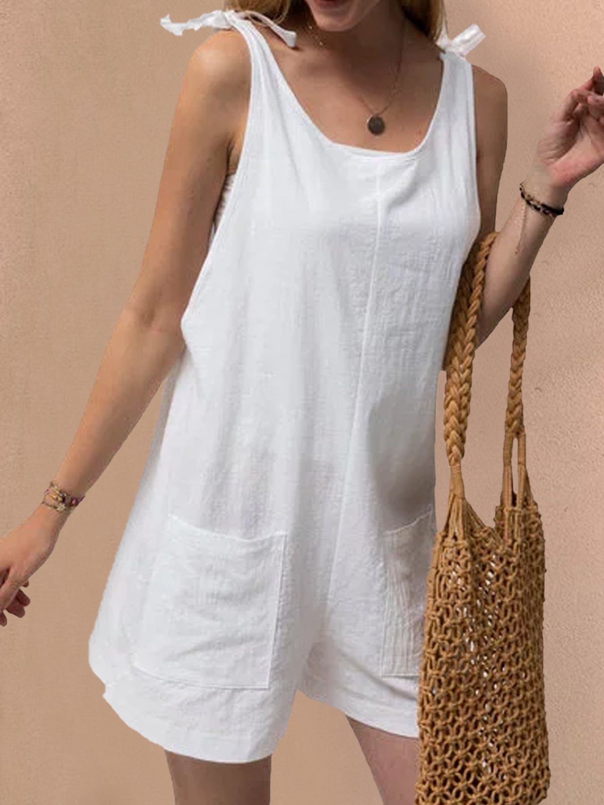 Pockets Sleeveless Casual Linen Rompers