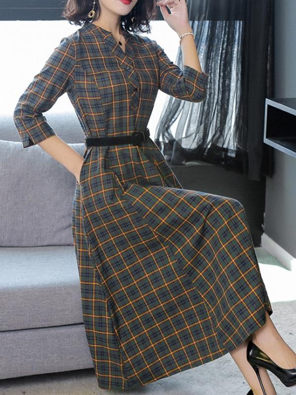 Printing Plaids V-Neck Seven-Tenths Sleeves Maxi Dresses For Woman