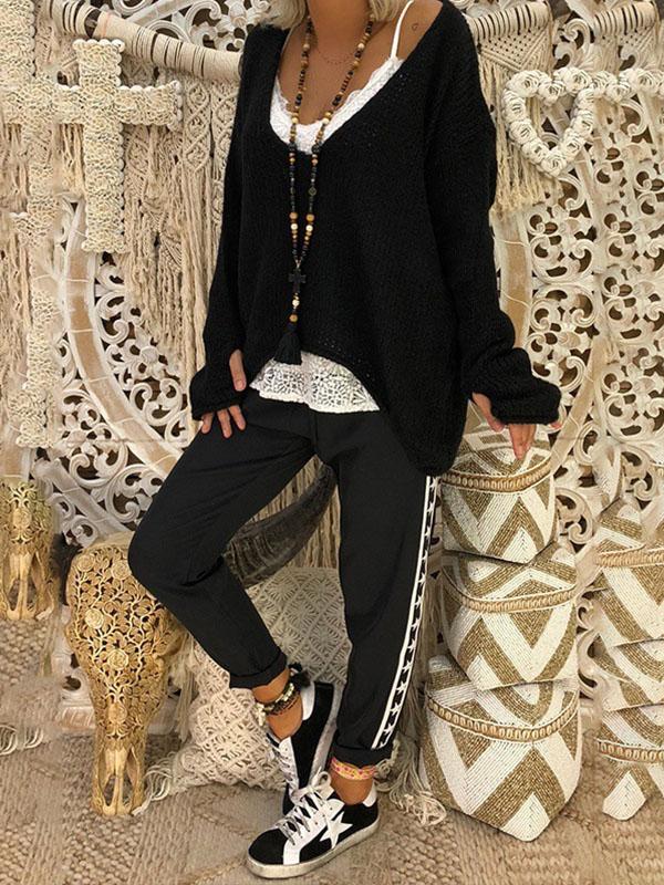 Plus Size V Neck with Gloves Knitted Irregular Long Sleeve Sweater