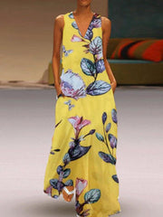 Printed deep v-neck sleeveless Maxi Dresses