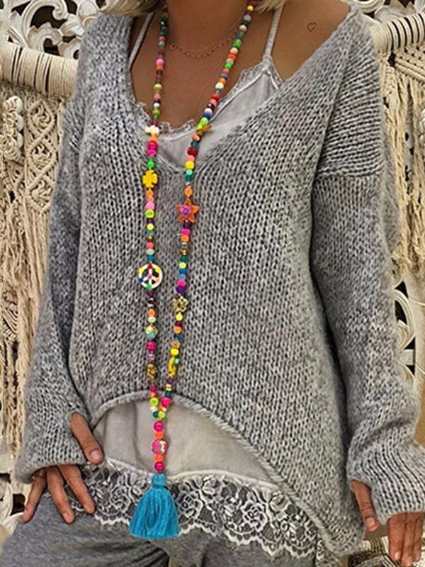 Plus Size V Neck with Gloves Knitted Irregular Long Sleeve Sweater
