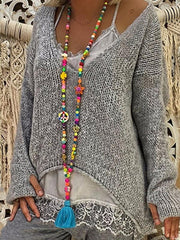 Plus Size V Neck with Gloves Knitted Irregular Long Sleeve Sweater