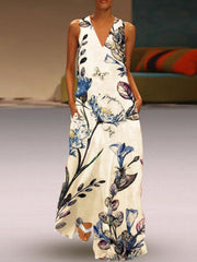Printed deep v-neck sleeveless Maxi Dresses