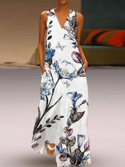 Printed deep v-neck sleeveless Maxi Dresses