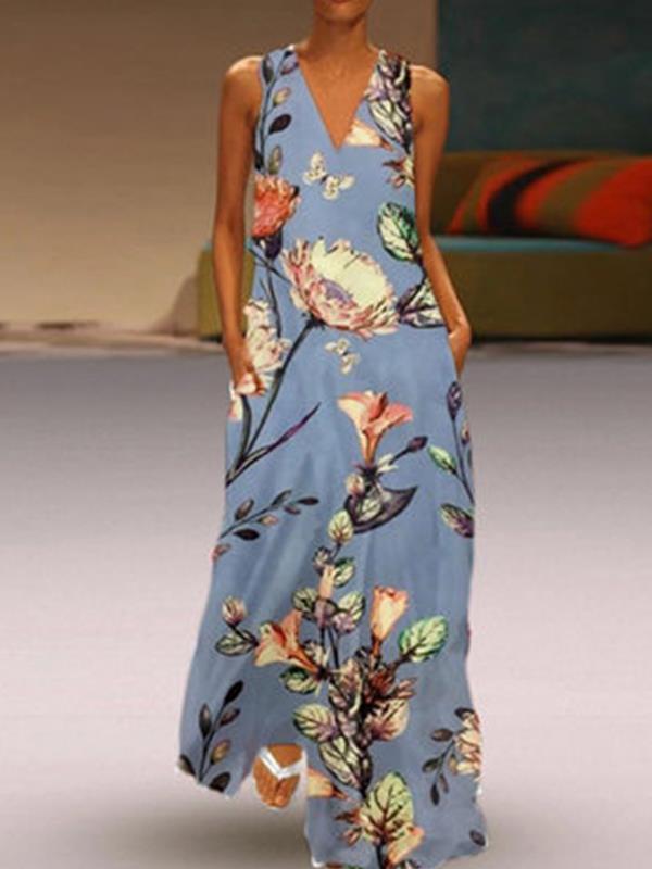 Printed deep v-neck sleeveless Maxi Dresses