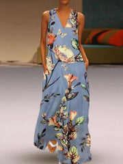 Printed deep v-neck sleeveless Maxi Dresses