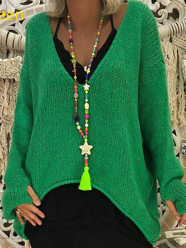 Plus Size V Neck with Gloves Knitted Irregular Long Sleeve Sweater