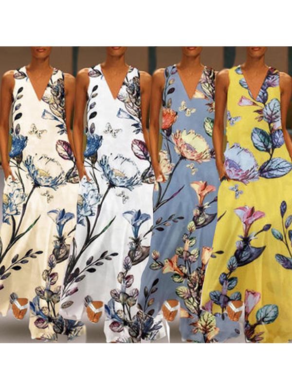 Printed deep v-neck sleeveless Maxi Dresses