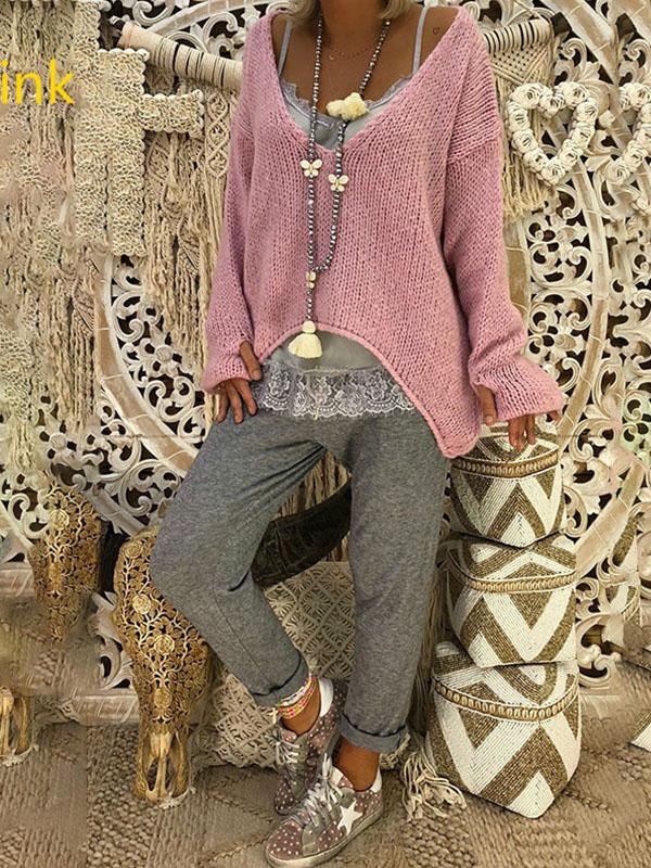 Plus Size V Neck with Gloves Knitted Irregular Long Sleeve Sweater