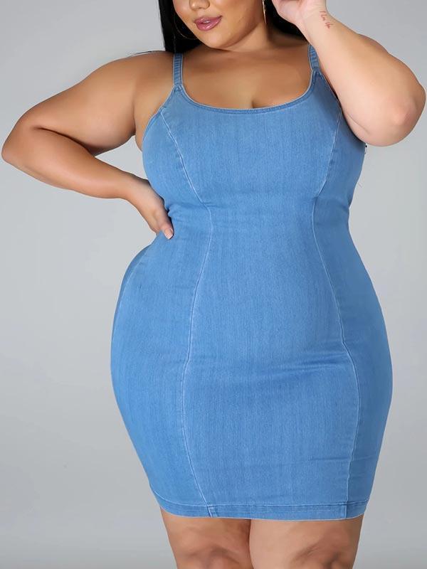 Plus Size Denim Solid Color Halter Mini Dress