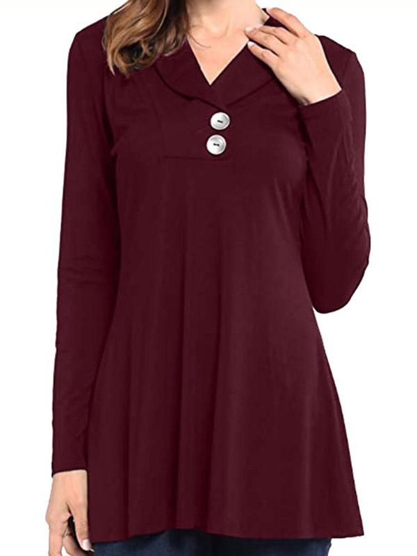 Polo Collar Loose Fitting Plain Long Sleeve T-Shirt