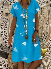 Printed v-neck short sleeved medium length shift dresses