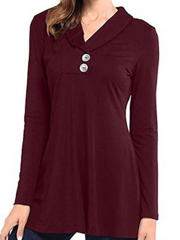 Polo Collar Loose Fitting Plain Long Sleeve T-Shirt