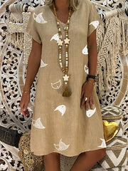 Printed v-neck short sleeved medium length shift dresses