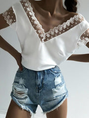 Plain cut-out lace deep V woman Short Sleeve T-shirts